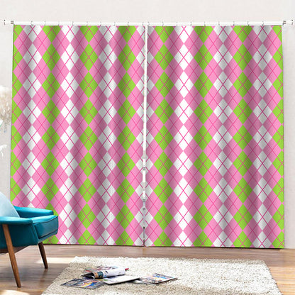 White Pink And Green Argyle Print Pencil Pleat Curtains