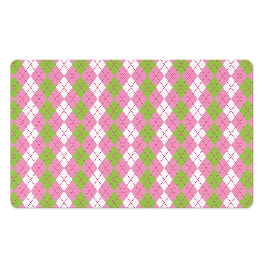 White Pink And Green Argyle Print Polyester Doormat