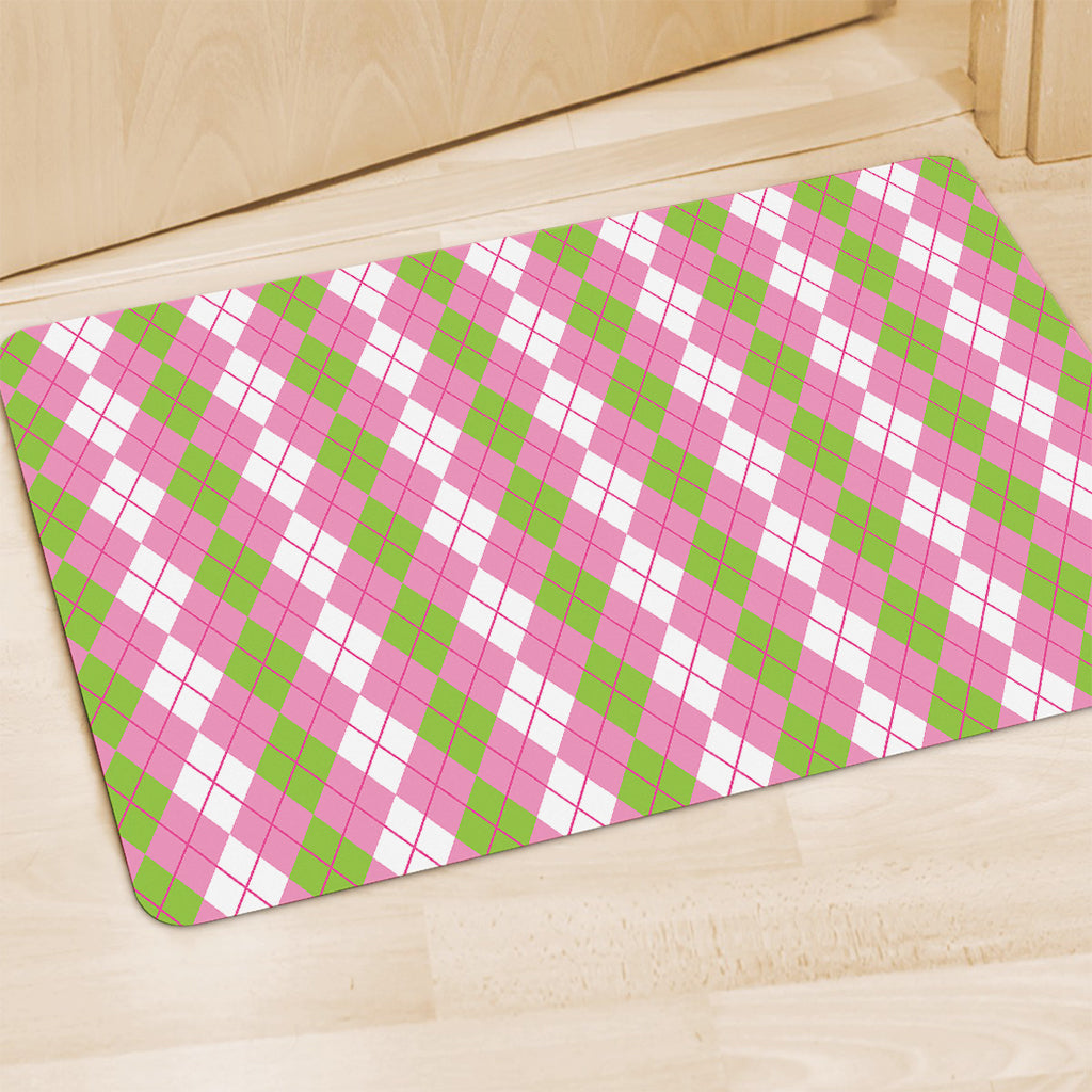 White Pink And Green Argyle Print Polyester Doormat