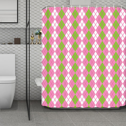 White Pink And Green Argyle Print Polyester Shower Curtain
