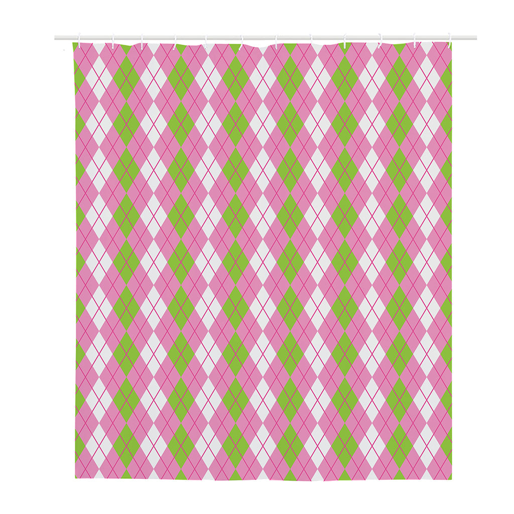 White Pink And Green Argyle Print Polyester Shower Curtain