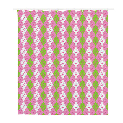 White Pink And Green Argyle Print Polyester Shower Curtain