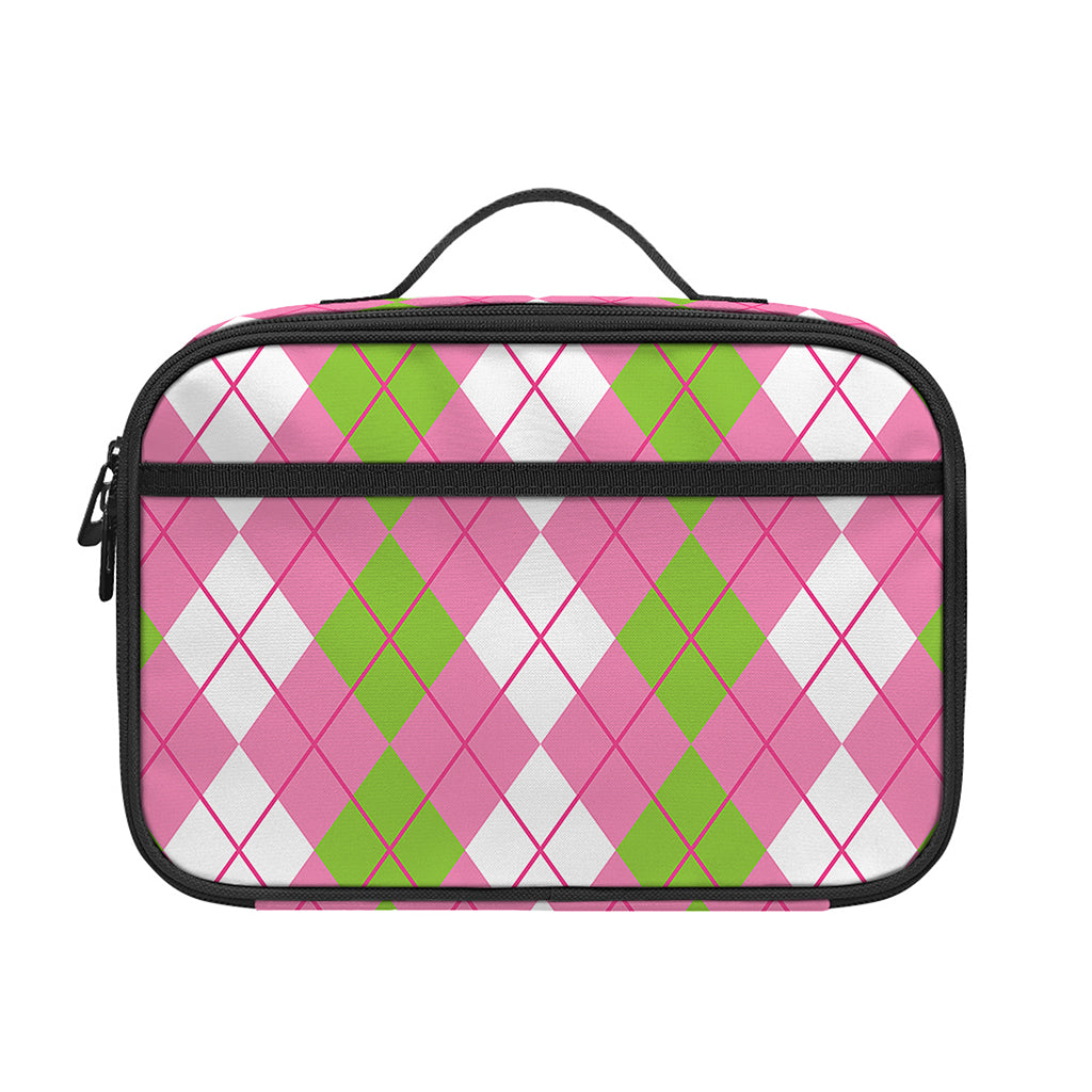 White Pink And Green Argyle Print Portable Lunch Bag
