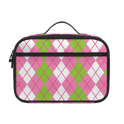 White Pink And Green Argyle Print Portable Lunch Bag