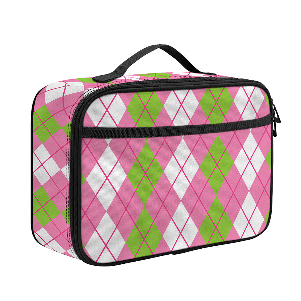 White Pink And Green Argyle Print Portable Lunch Bag