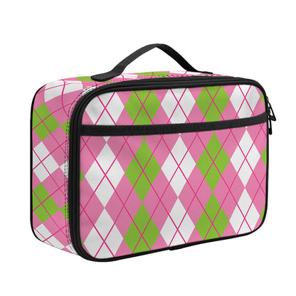 White Pink And Green Argyle Print Portable Lunch Bag