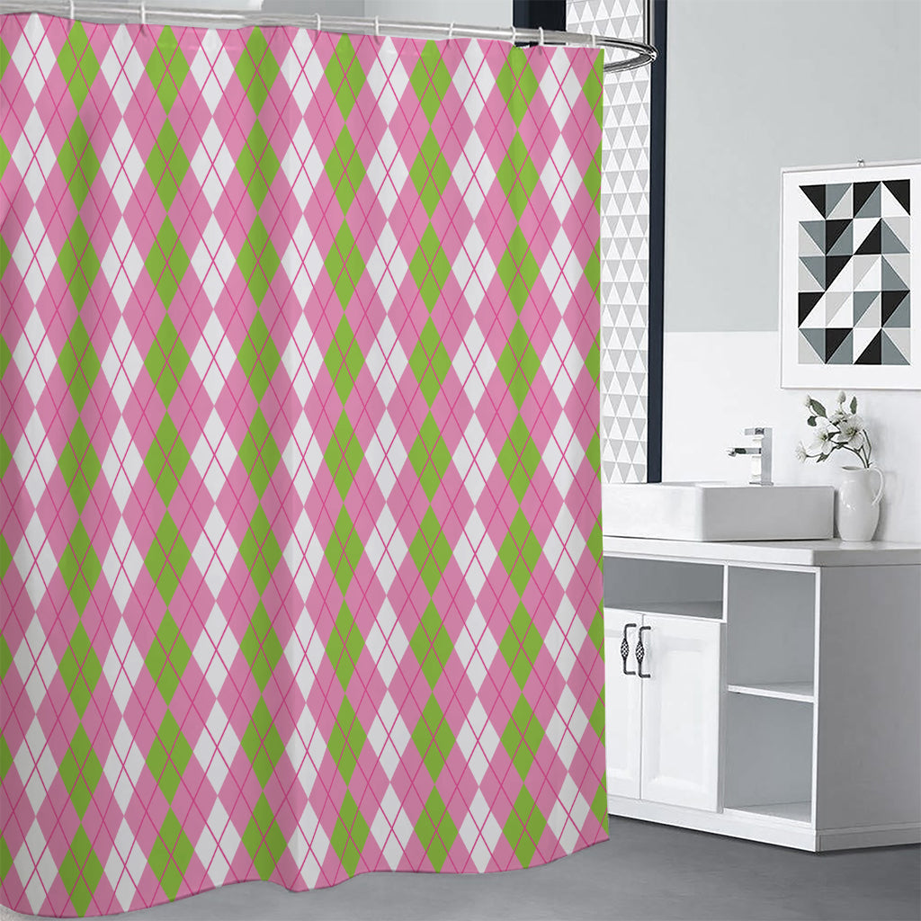 White Pink And Green Argyle Print Premium Shower Curtain