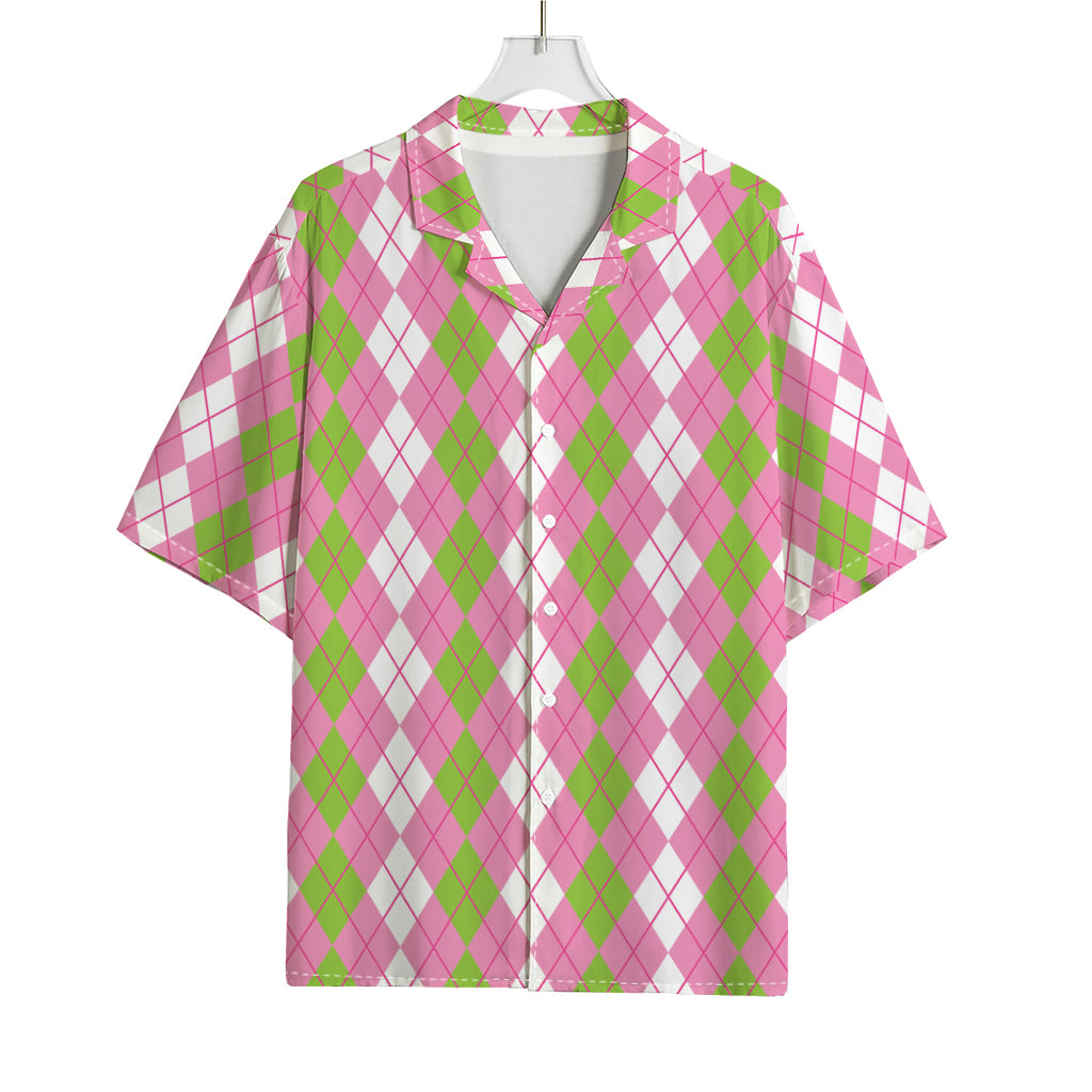 White Pink And Green Argyle Print Rayon Hawaiian Shirt