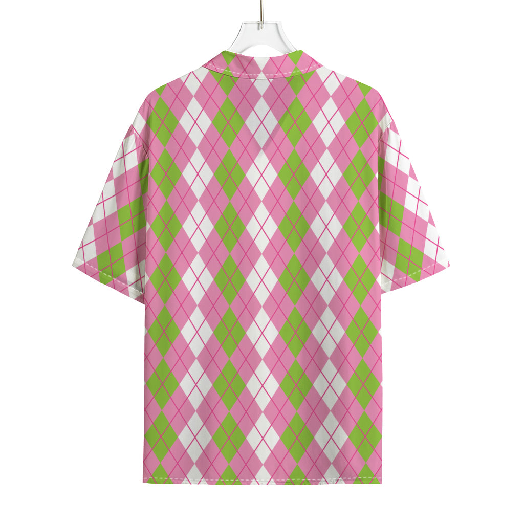 White Pink And Green Argyle Print Rayon Hawaiian Shirt