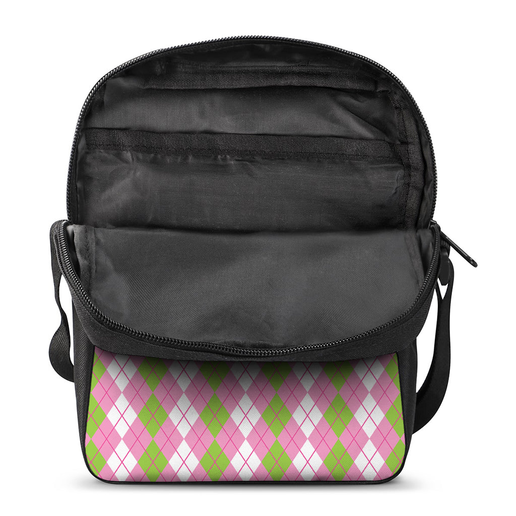 White Pink And Green Argyle Print Rectangular Crossbody Bag