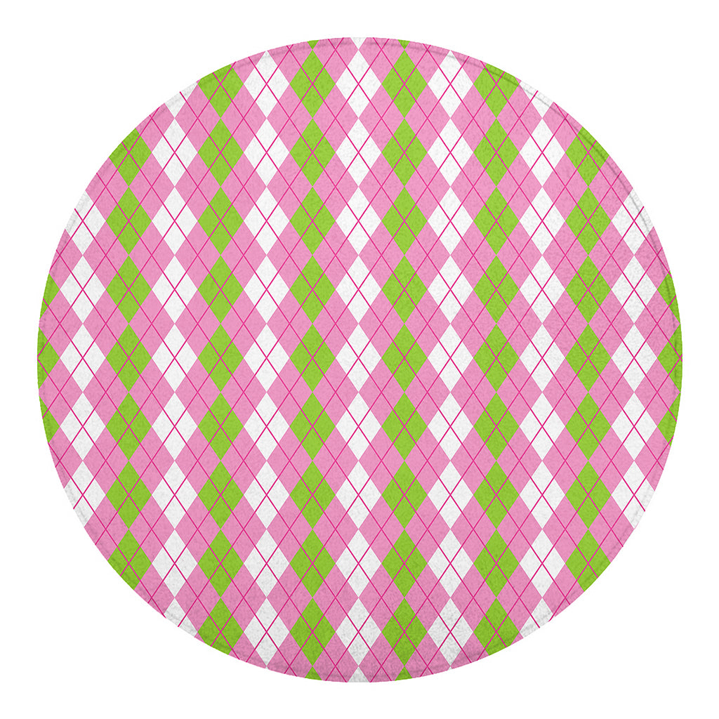White Pink And Green Argyle Print Round Blanket
