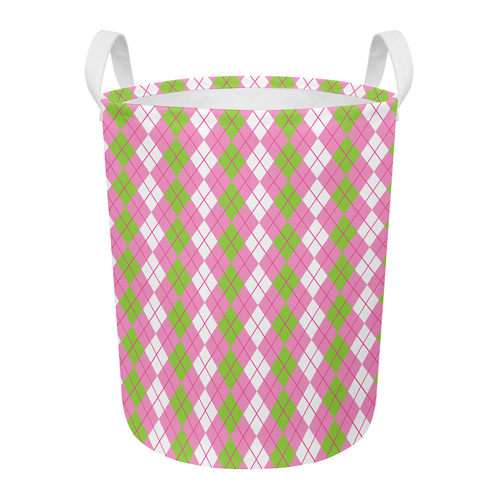 White Pink And Green Argyle Print Round Laundry Basket