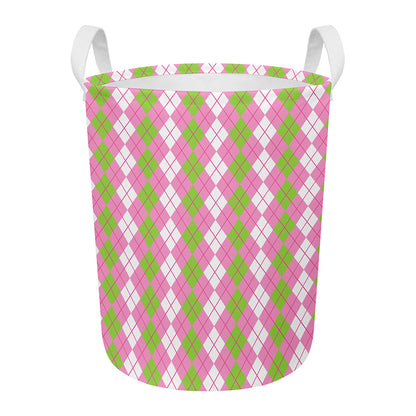 White Pink And Green Argyle Print Round Laundry Basket