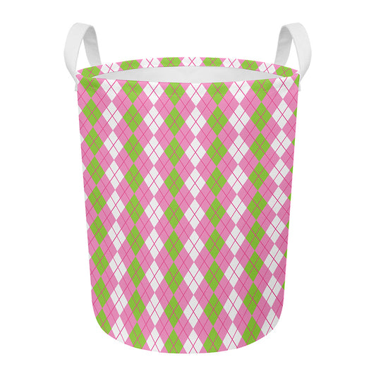 White Pink And Green Argyle Print Round Laundry Basket