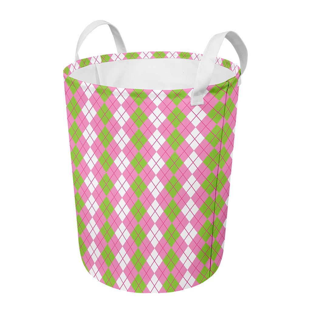 White Pink And Green Argyle Print Round Laundry Basket