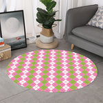 White Pink And Green Argyle Print Round Rug