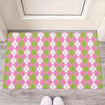 White Pink And Green Argyle Print Rubber Doormat
