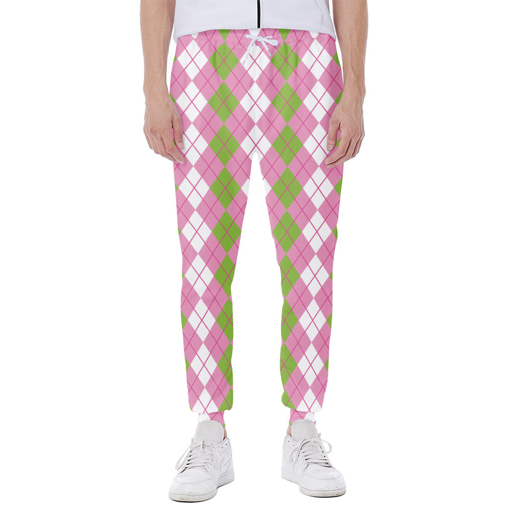 White Pink And Green Argyle Print Scuba Joggers