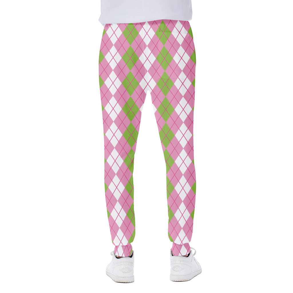 White Pink And Green Argyle Print Scuba Joggers