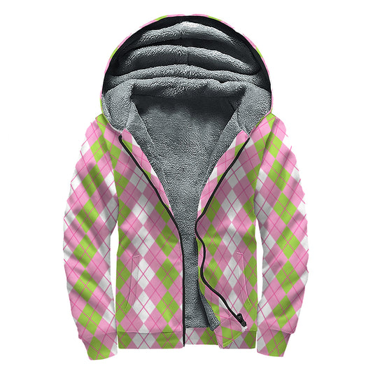 White Pink And Green Argyle Print Sherpa Lined Zip Up Hoodie
