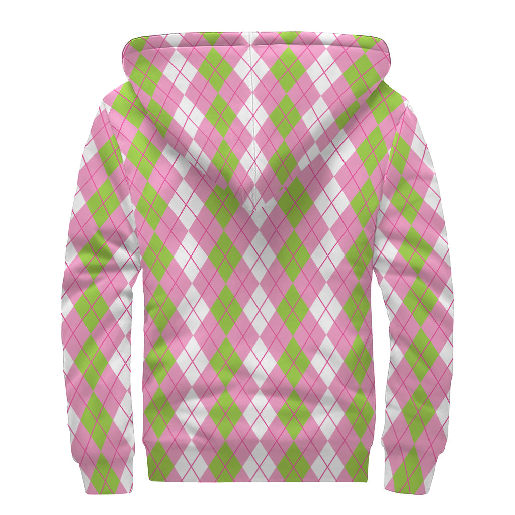 White Pink And Green Argyle Print Sherpa Lined Zip Up Hoodie