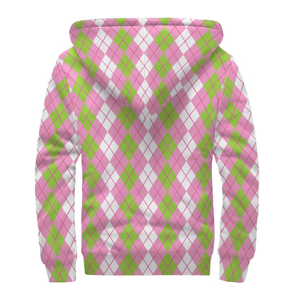 White Pink And Green Argyle Print Sherpa Lined Zip Up Hoodie