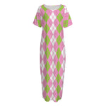 White Pink And Green Argyle Print Short Sleeve Long Nightdress