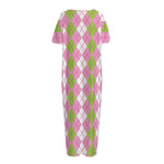 White Pink And Green Argyle Print Short Sleeve Long Nightdress