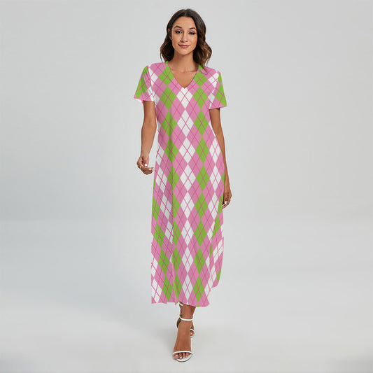 White Pink And Green Argyle Print Short Sleeve Maxi Dress