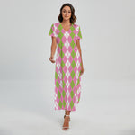 White Pink And Green Argyle Print Short Sleeve Maxi Dress