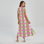 White Pink And Green Argyle Print Short Sleeve Maxi Dress