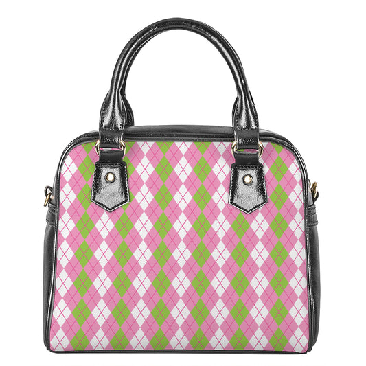 White Pink And Green Argyle Print Shoulder Handbag