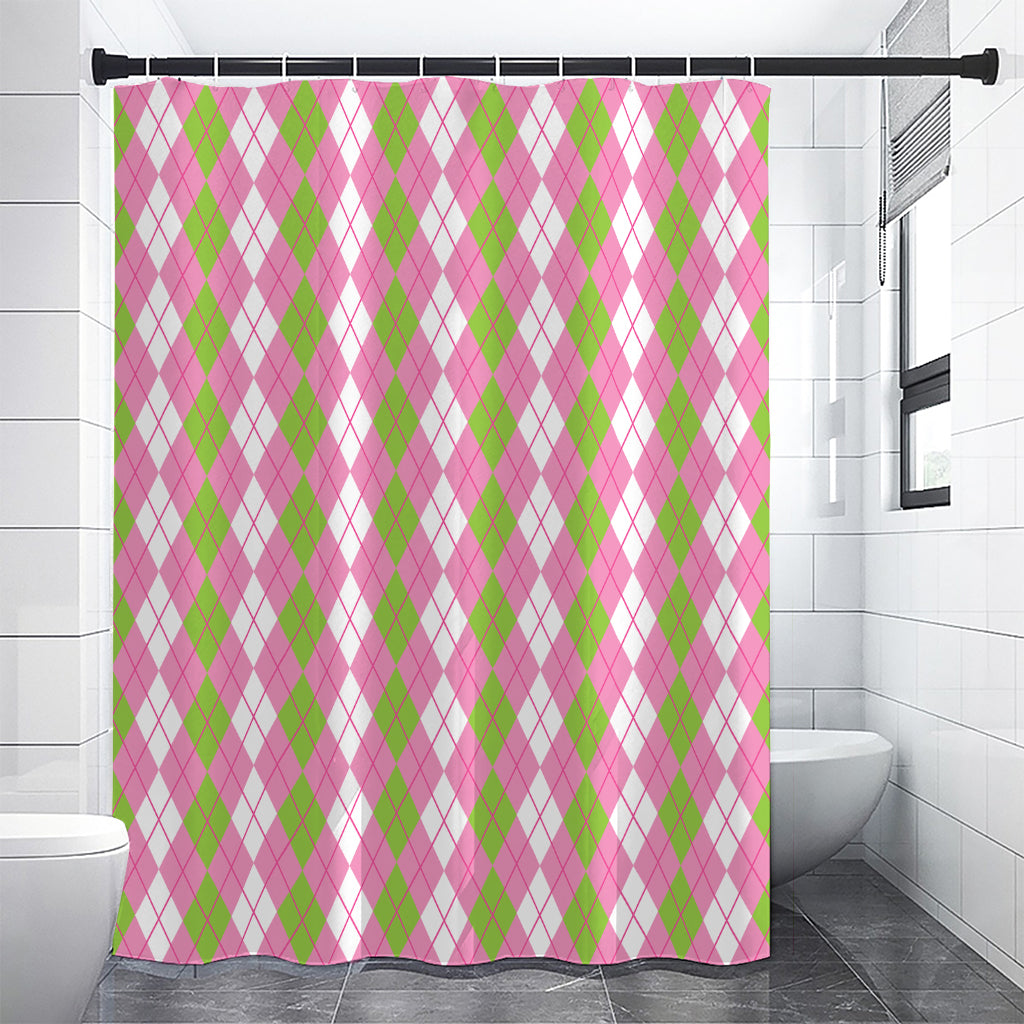 White Pink And Green Argyle Print Shower Curtain