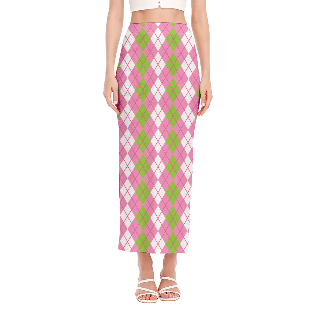 White Pink And Green Argyle Print Side Slit Maxi Skirt