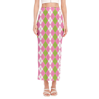 White Pink And Green Argyle Print Side Slit Maxi Skirt