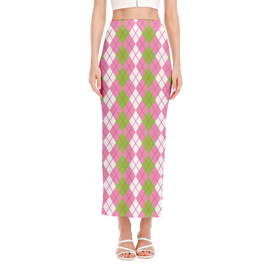 White Pink And Green Argyle Print Side Slit Maxi Skirt