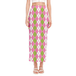 White Pink And Green Argyle Print Side Slit Maxi Skirt