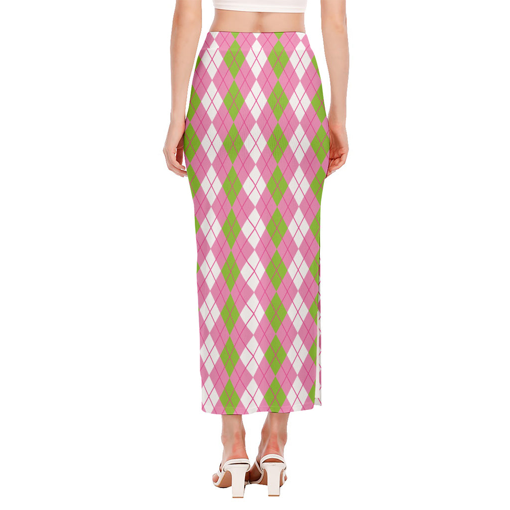 White Pink And Green Argyle Print Side Slit Maxi Skirt