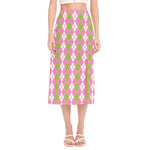 White Pink And Green Argyle Print Side Slit Midi Skirt