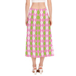 White Pink And Green Argyle Print Side Slit Midi Skirt