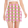 White Pink And Green Argyle Print Side Slit Mini Skirt