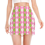 White Pink And Green Argyle Print Side Slit Mini Skirt