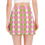 White Pink And Green Argyle Print Side Slit Mini Skirt