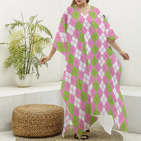 White Pink And Green Argyle Print Silk V-Neck Kaftan Dress