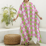 White Pink And Green Argyle Print Silk V-Neck Kaftan Dress