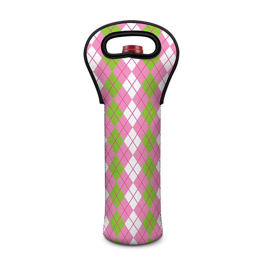 White Pink And Green Argyle Print Single Neoprene Wine Tote
