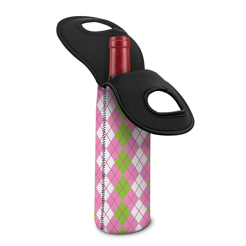 White Pink And Green Argyle Print Single Neoprene Wine Tote