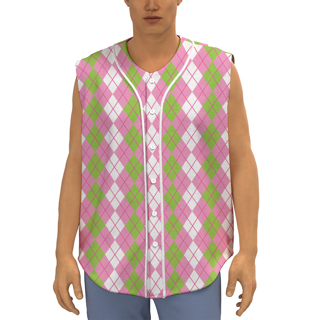 White Pink And Green Argyle Print Sleeveless Baseball Jersey