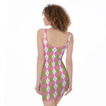 White Pink And Green Argyle Print Sleeveless Bodycon Dress