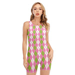 White Pink And Green Argyle Print Sleeveless One Piece Swimsuit